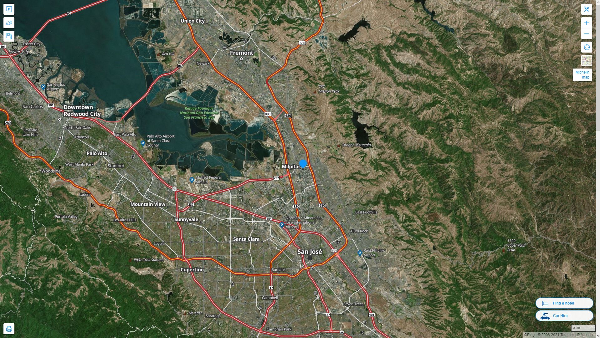 Milpitas California Highway and Road Map with Satellite View